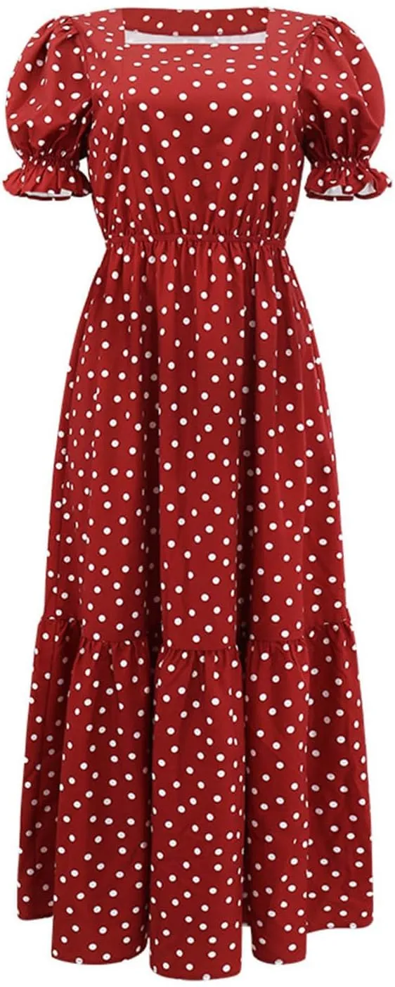 Women's Summer Casual Boho Dress Polka Dot Print Square Neck Ruffle Puff Short Sleeve Flowy Maxi Beach Party Dresses