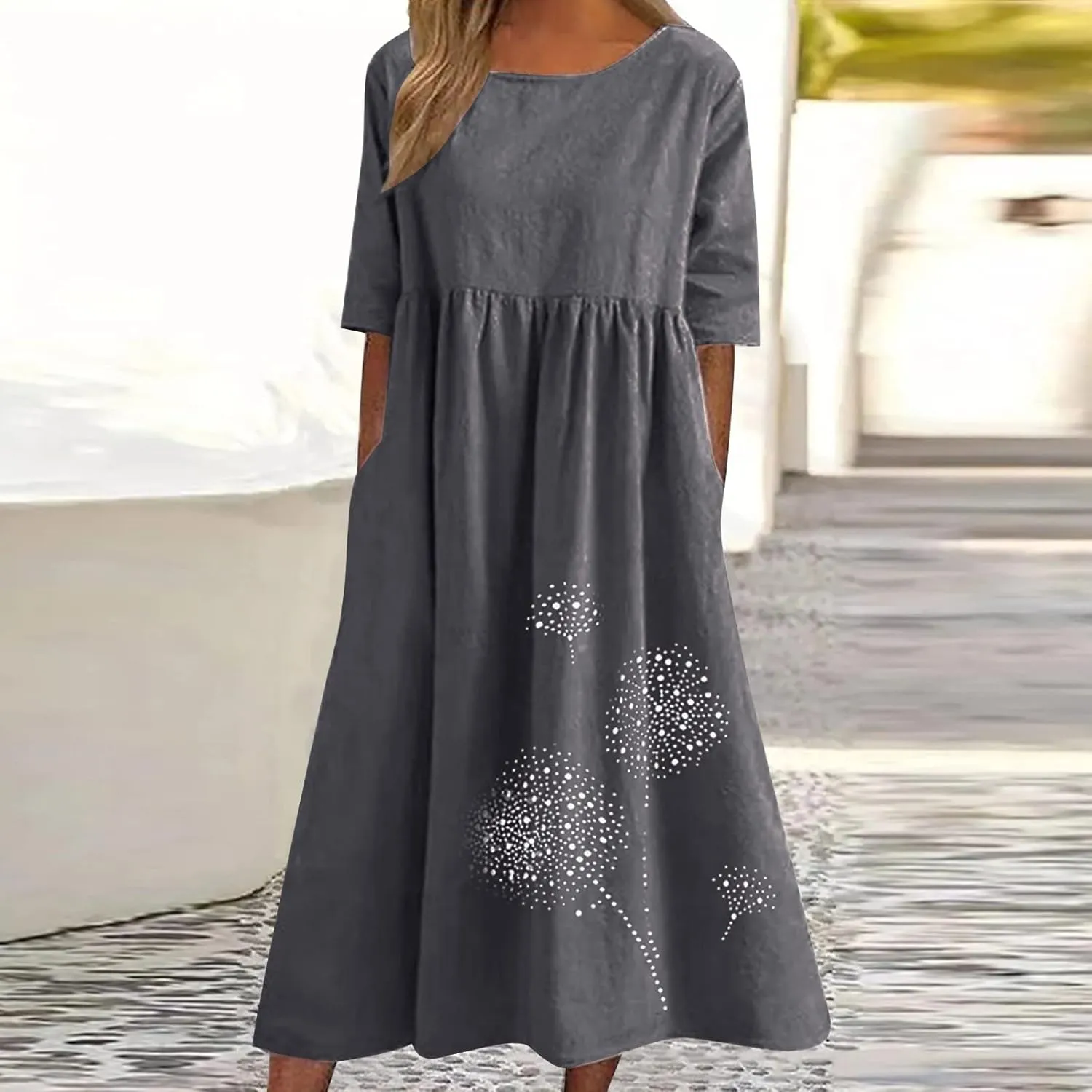 Womens Summer Casual Cotton Linen Boho Dress Short Sleeve Linen Maxi Dresses Loose Plus Size Beach Dress with Pockets