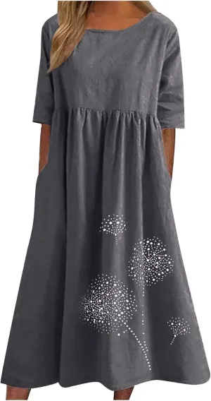 Womens Summer Casual Cotton Linen Boho Dress Short Sleeve Linen Maxi Dresses Loose Plus Size Beach Dress with Pockets