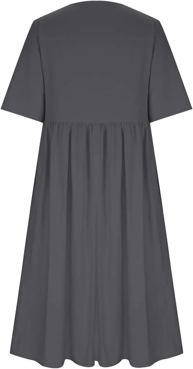 Womens Summer Casual Cotton Linen Boho Dress Short Sleeve Linen Maxi Dresses Loose Plus Size Beach Dress with Pockets