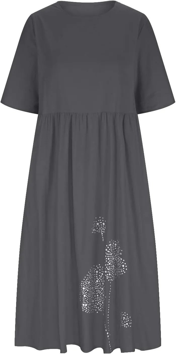 Womens Summer Casual Cotton Linen Boho Dress Short Sleeve Linen Maxi Dresses Loose Plus Size Beach Dress with Pockets
