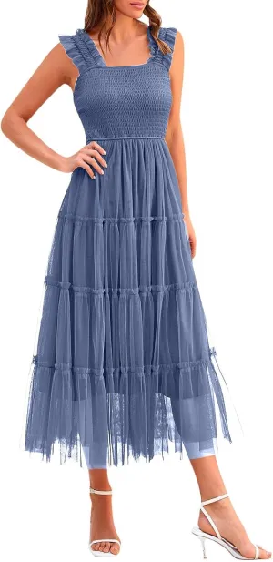 Women's Summer Midi Tulle Dress Sleeveless Smocked Square Neck Tank Dress Ruffle Flowy Party Wedding Guest Sundress
