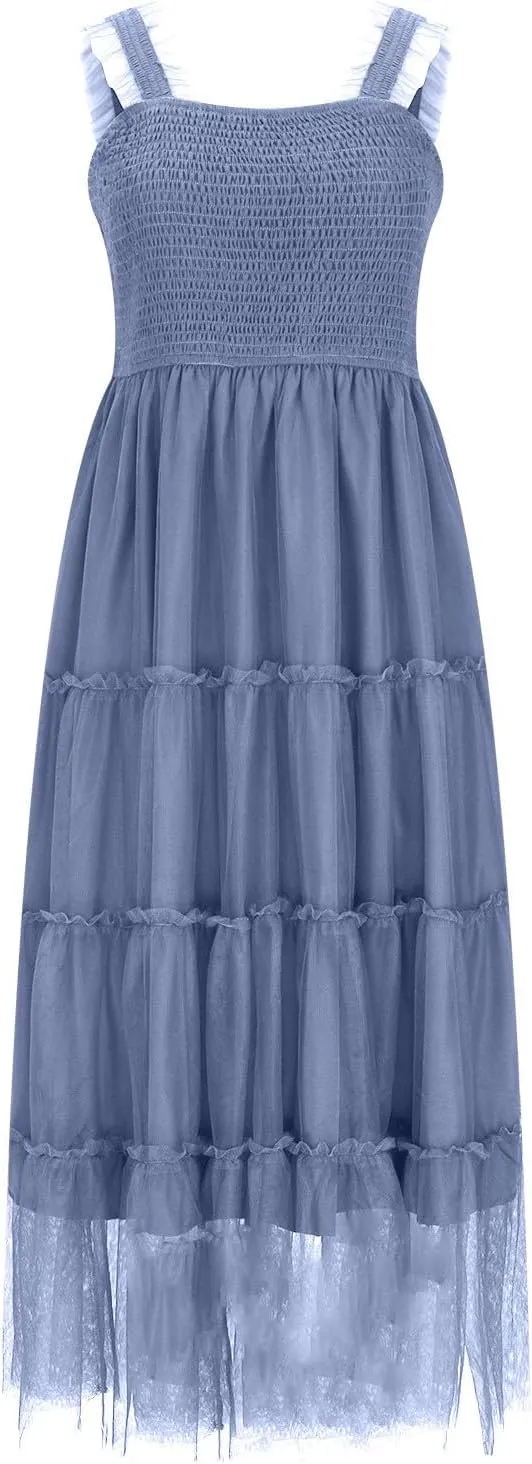Women's Summer Midi Tulle Dress Sleeveless Smocked Square Neck Tank Dress Ruffle Flowy Party Wedding Guest Sundress