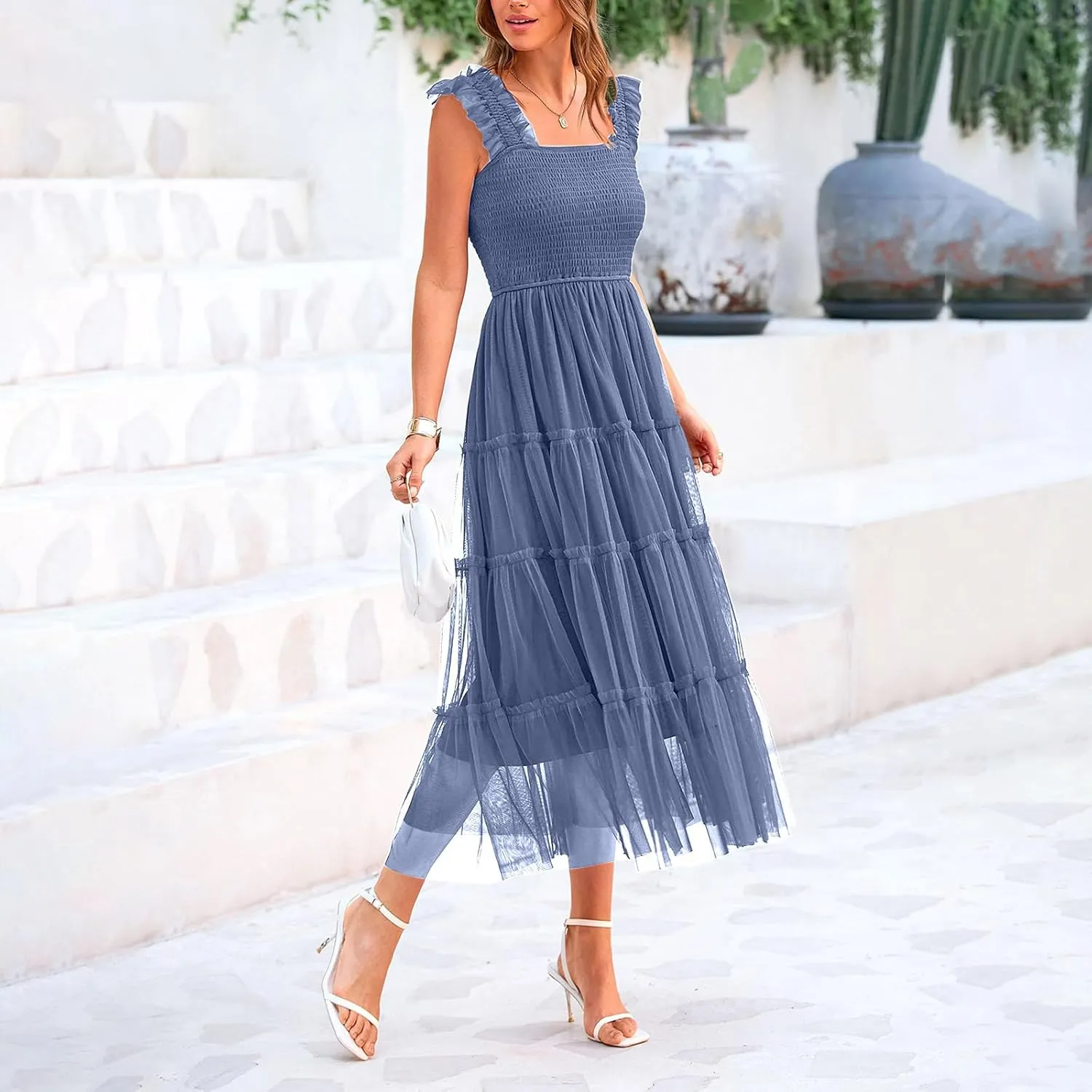 Women's Summer Midi Tulle Dress Sleeveless Smocked Square Neck Tank Dress Ruffle Flowy Party Wedding Guest Sundress