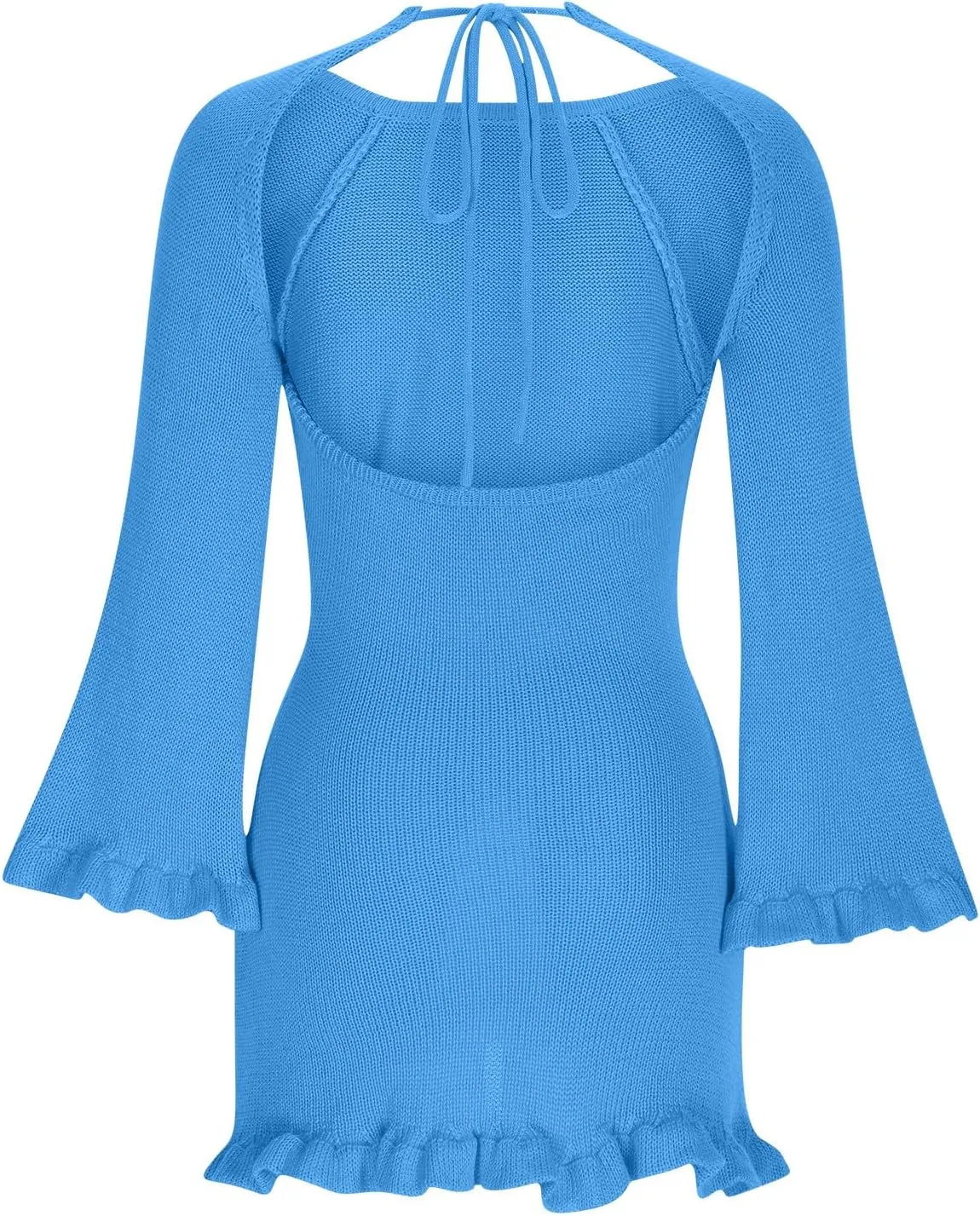 Women's Tie Backless Sweater Dress Round Neck Bell Long Sleeve Ribbed Knit Slim Basic Bodycon Ruffle Trim Mini Dresses