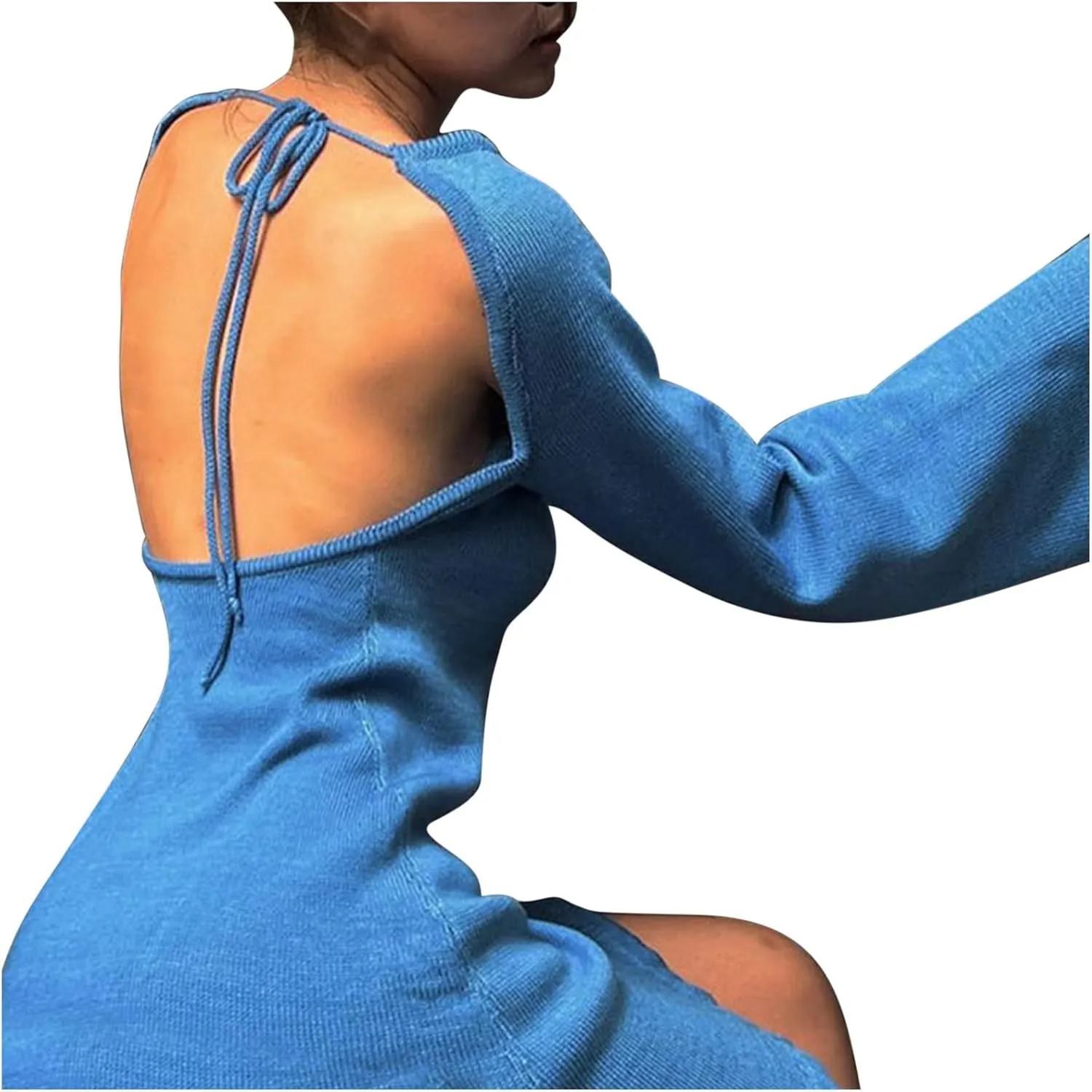 Women's Tie Backless Sweater Dress Round Neck Bell Long Sleeve Ribbed Knit Slim Basic Bodycon Ruffle Trim Mini Dresses