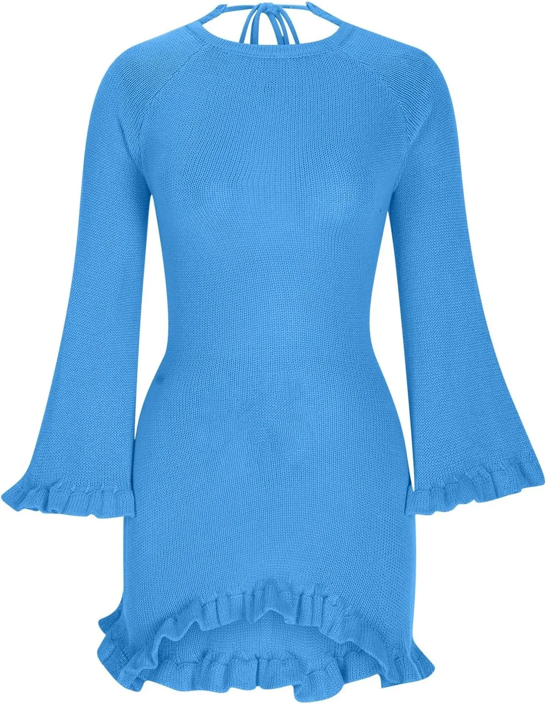 Women's Tie Backless Sweater Dress Round Neck Bell Long Sleeve Ribbed Knit Slim Basic Bodycon Ruffle Trim Mini Dresses