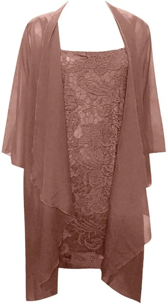 Womens Two Piece Outfits Midi Dress Lace Floral with Chiffon Jacket Sleeveless Crewneck Laced Wedding Guest Dresses