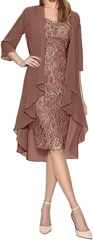 Womens Two Piece Outfits Midi Dress Lace Floral with Chiffon Jacket Sleeveless Crewneck Laced Wedding Guest Dresses