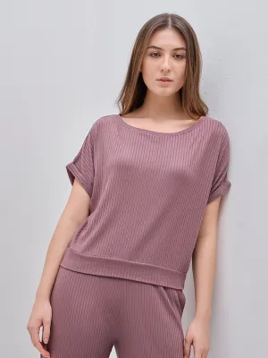 Wunderlove Mauve Ribbed Cotton-Blend Top