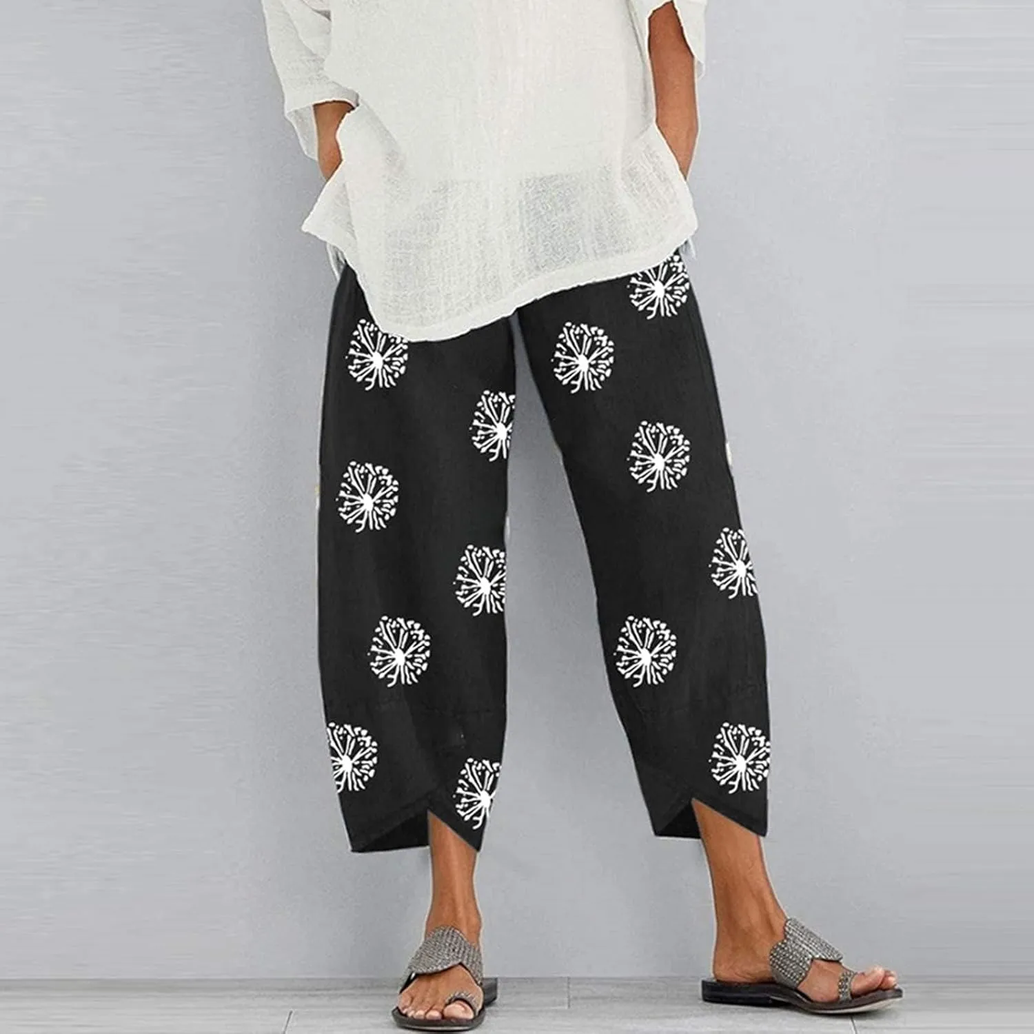 ZOCANIA Linen Capri Pants for Women Casual Summer Petite Linen Trousers Cropped Linen Wide Leg Pants with Pockets